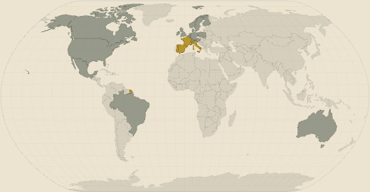 Eine Weltkarte. Portugal, Spanien, Frankreich und Italien sind als Gründerländer markiert; die Vereinigten Staaten, Australien, das Vereinigte Königreich und Nordeuropa sind als Regionen markiert, in denen die Disziplin wächst.